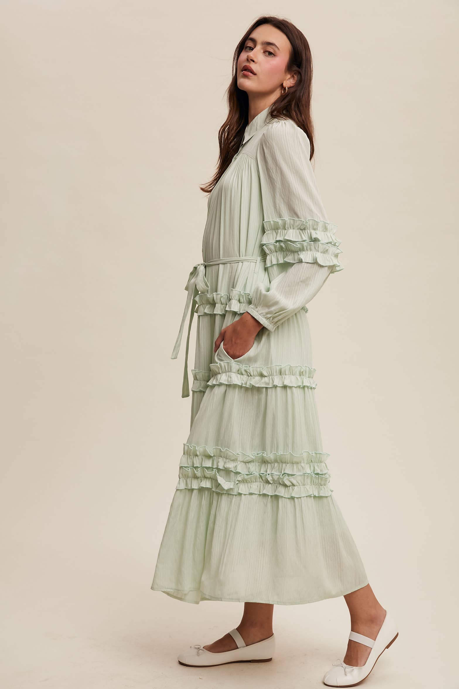 Listicle - Wholesale Dress - Women's - Ruffled Belted Maxi Shirt Dress LD149613