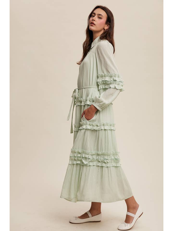 Listicle - Wholesale Dress - Women's - Ruffled Belted Maxi Shirt Dress LD149613