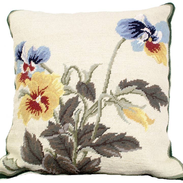 Pansies Needlepoint Pillow 18" X 18" for wholesale by Michaelian Home/India Overseas Traders, Inc.