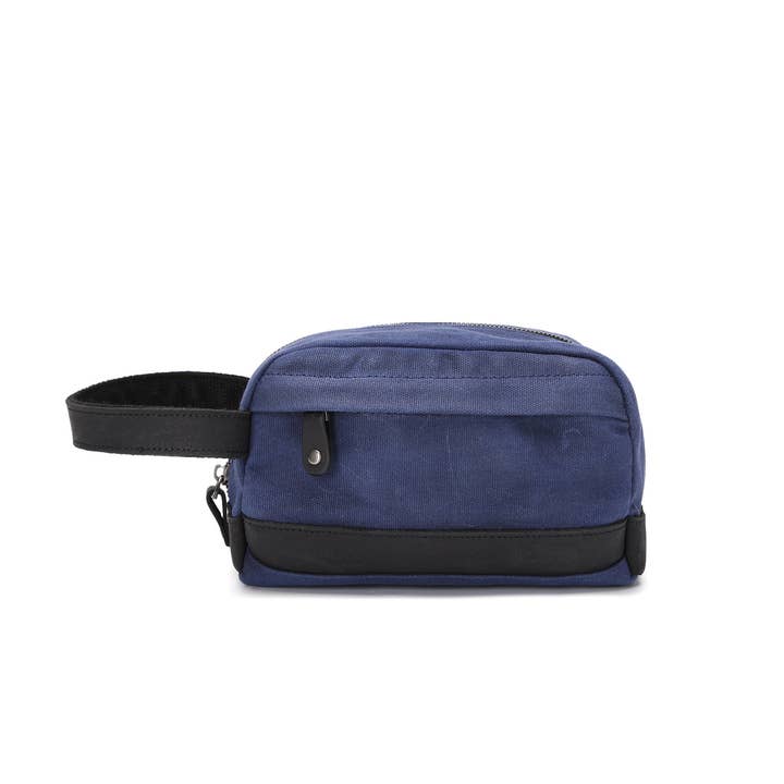 TONY - Kosmetiktasche aus echtem Leder und beschichtetem Canvas - Blau für den Großhandel von apocope.paris