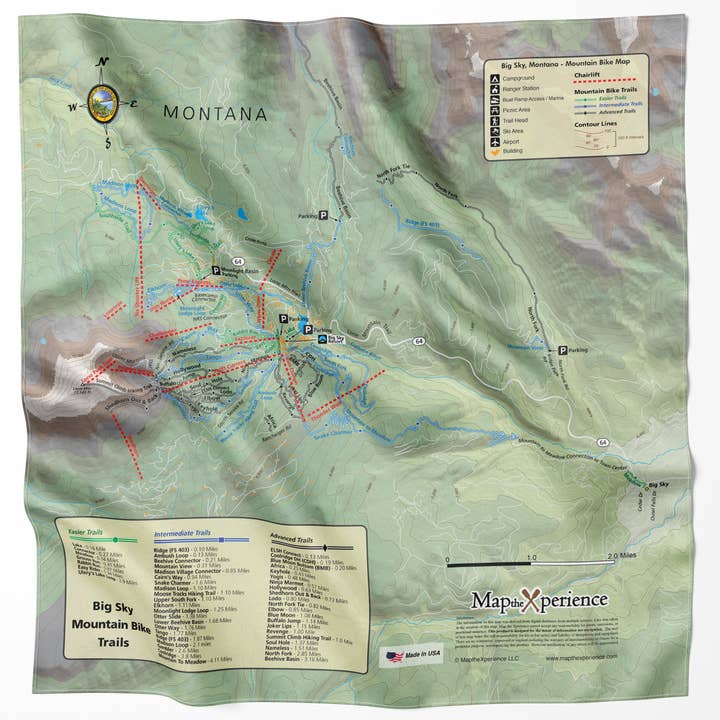 Big Sky Montana Summer Trails Microfiber Map Bandana for wholesale by Map the Xperience