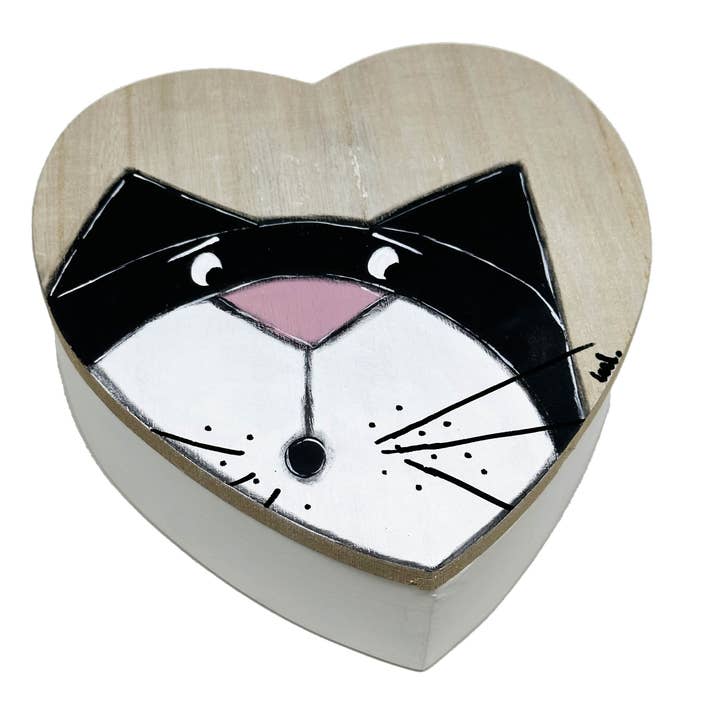 Boite en bois peint en forme de coeur et chat pour rangement pour la vente par Luldesign