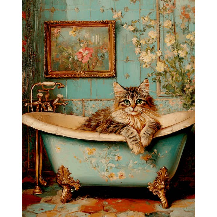 Mowbi - Wholesale Art Print - Maine Coon Cat in Bathtub - Pet Cat Still Life Wall Art Prints – 8″x10″ Artwork for 11″x14″ Frame