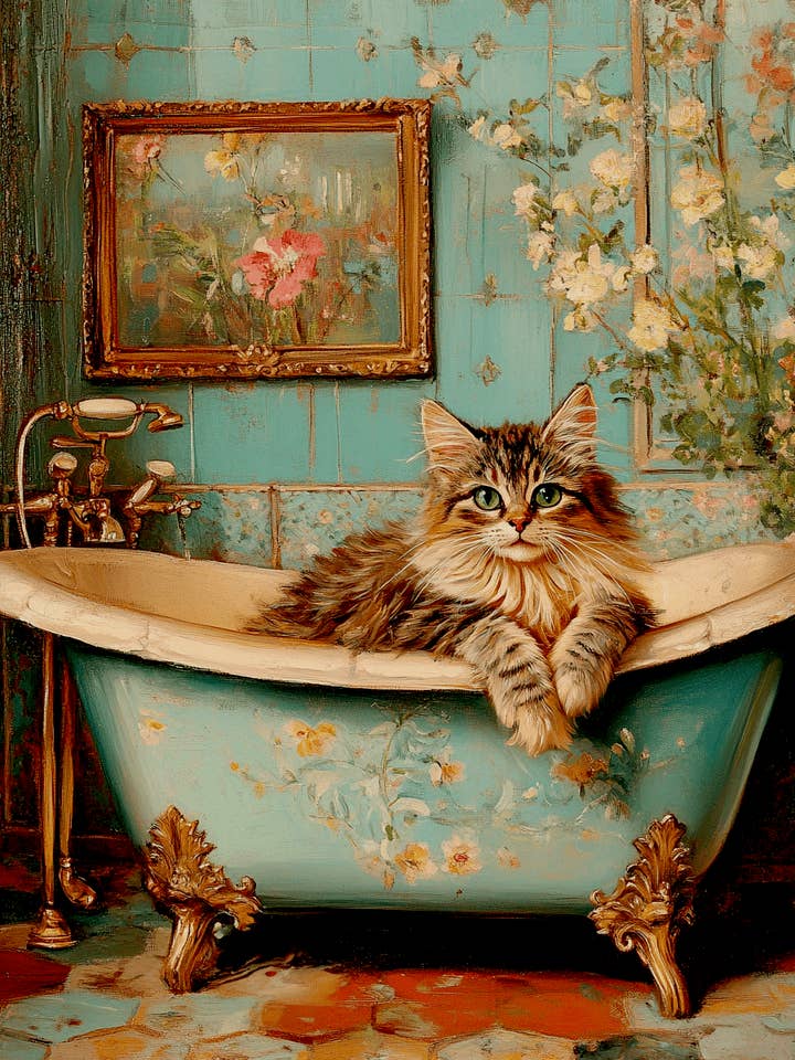 Chat Maine Coon dans la baignoire - Impressions artistiques de nature morte pour chat domestique – Œuvre 8″x10″ pour cadre 11″x14″ pour la vente par Mowbi