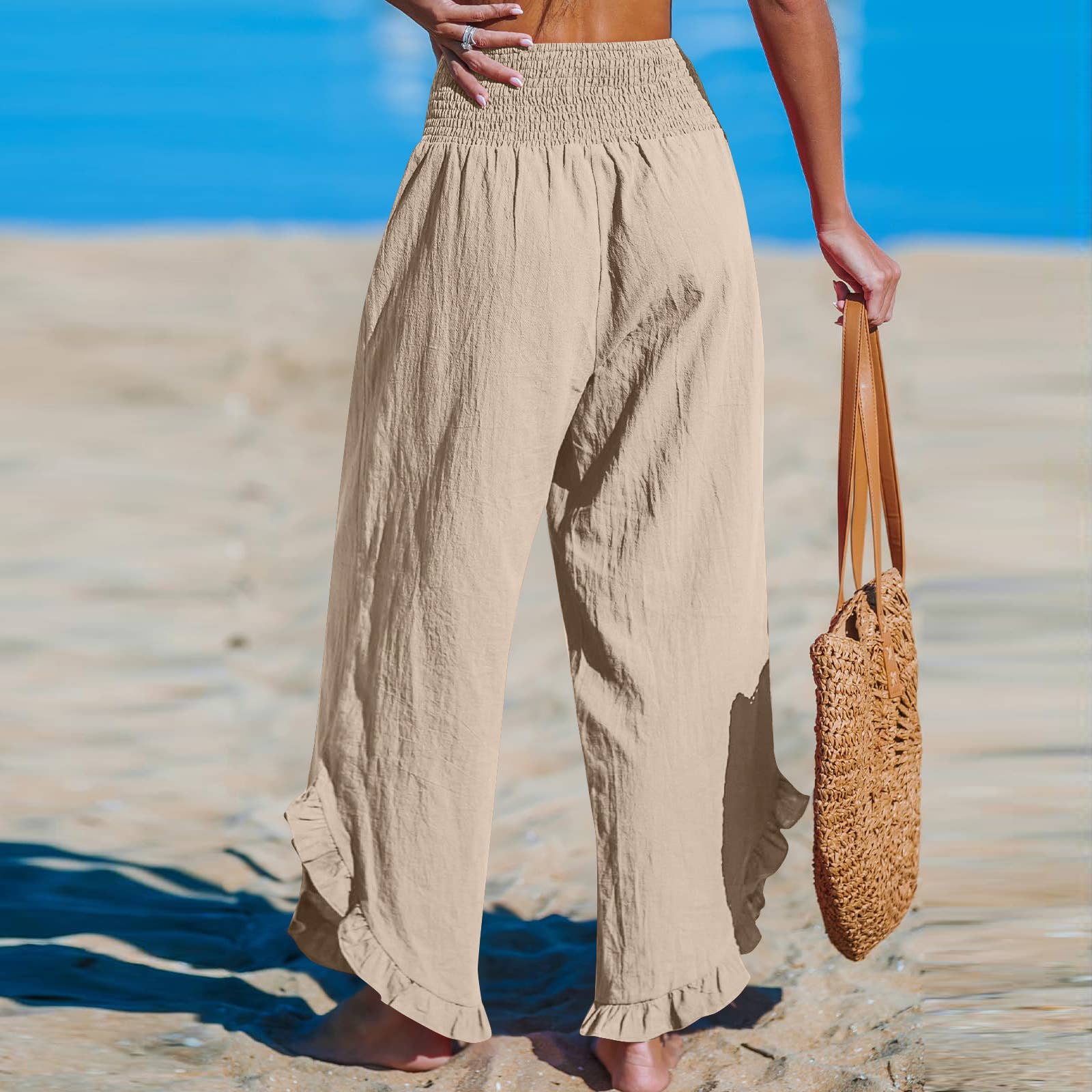 Rosa Clothing - Wholesale Pants - Women's - Smocked Elastic Waist Ruffled Wide Leg Pants10