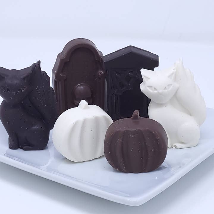Halloween Shapes Solid Chocolate optional Gold Dust or Ruby for wholesale by Wild Angel Treats, LLC