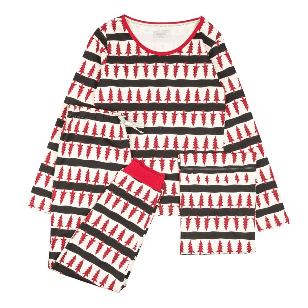 Veraluna Sustainable Clothing – Engroshandel Pyjamasæt - Dame – Veraluna økologisk pyjamas med rødt og sort juletræsmønster – fair trade2