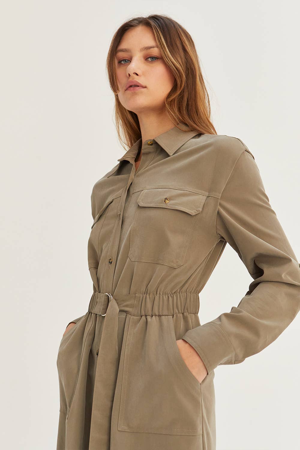 OLIVE CD8031 - Kayla Button Up Utility Midi dress for wholesale on Faire1