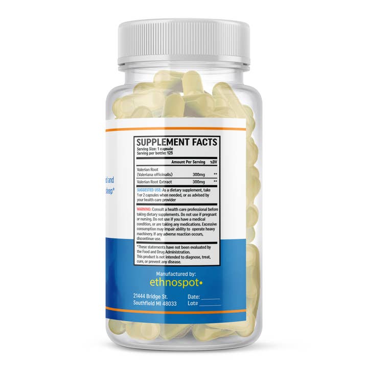 Ethnospot.com LLC – Großhandel Nahrungsergänzungsmittel/Vitamin zum Einnehmen – Baldrianwurzel-Kräuterergänzungskapseln - 125 Kapseln2