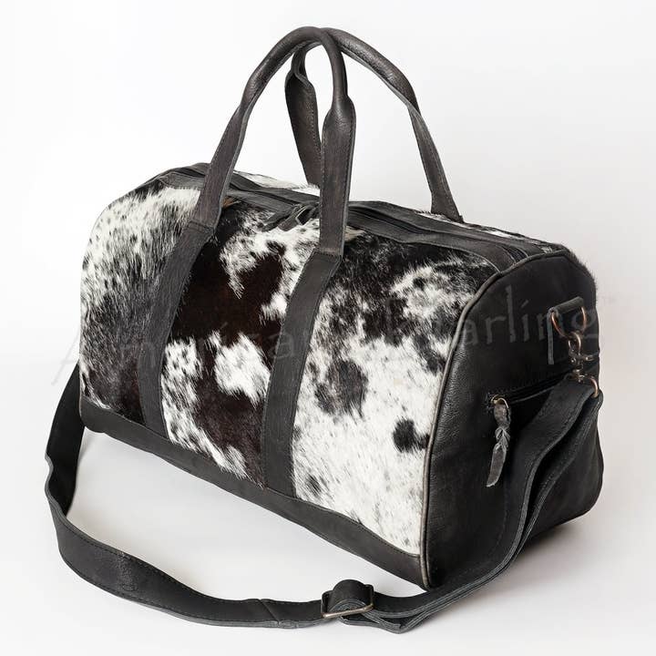 LC-ADBGS174BKW Black & White Cowhide Leather Duffle Bag - Western Travel Weekender for wholesale by LS Western