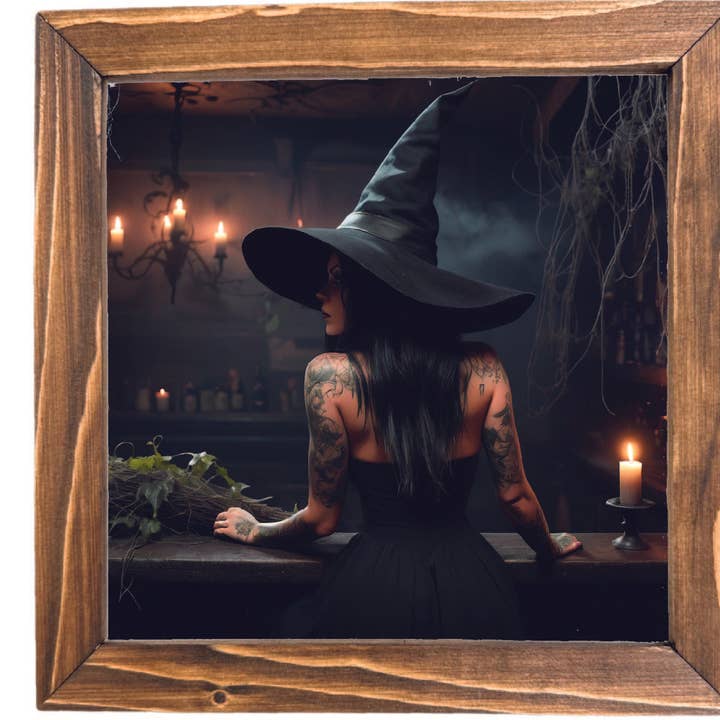 Teele and Co. - Wholesale Sign - Tattooed Witch in Bar Framed Sign Halloween Decor