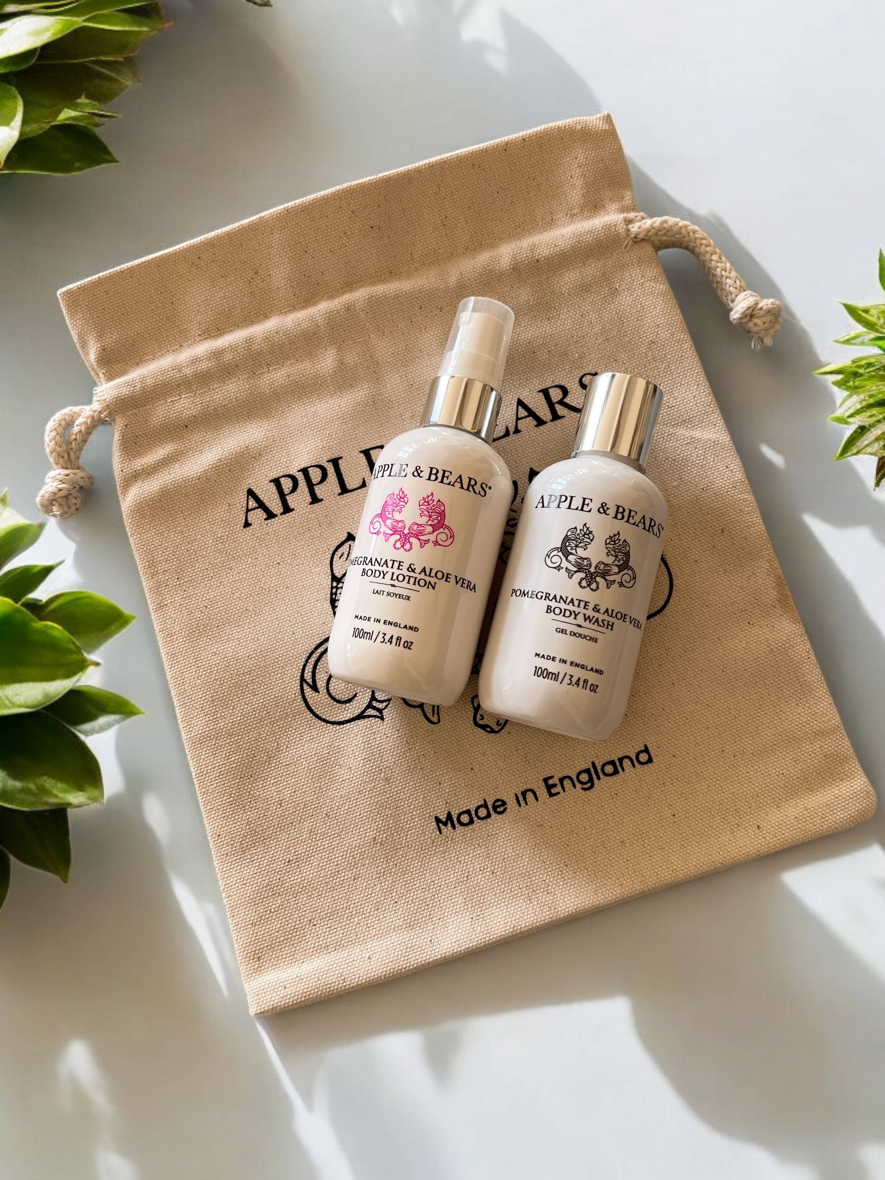 APPLE & BEARS – Großhandel Bade- & Körperpflege-Set – Reiseset mit Granatapfel und Aloe Vera, Wash & Lotion, 100 ml/3.412