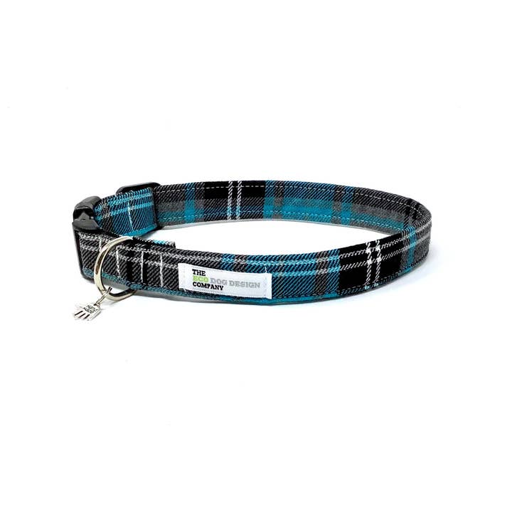 Teal Blue Turquoise And Grey Tartan Dog Collar for wholesale by EcoDogDesigns