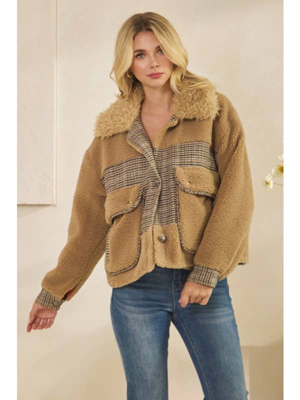 MOCHA Teddy Jacket With Houndstooth Inset for wholesale on Faire5