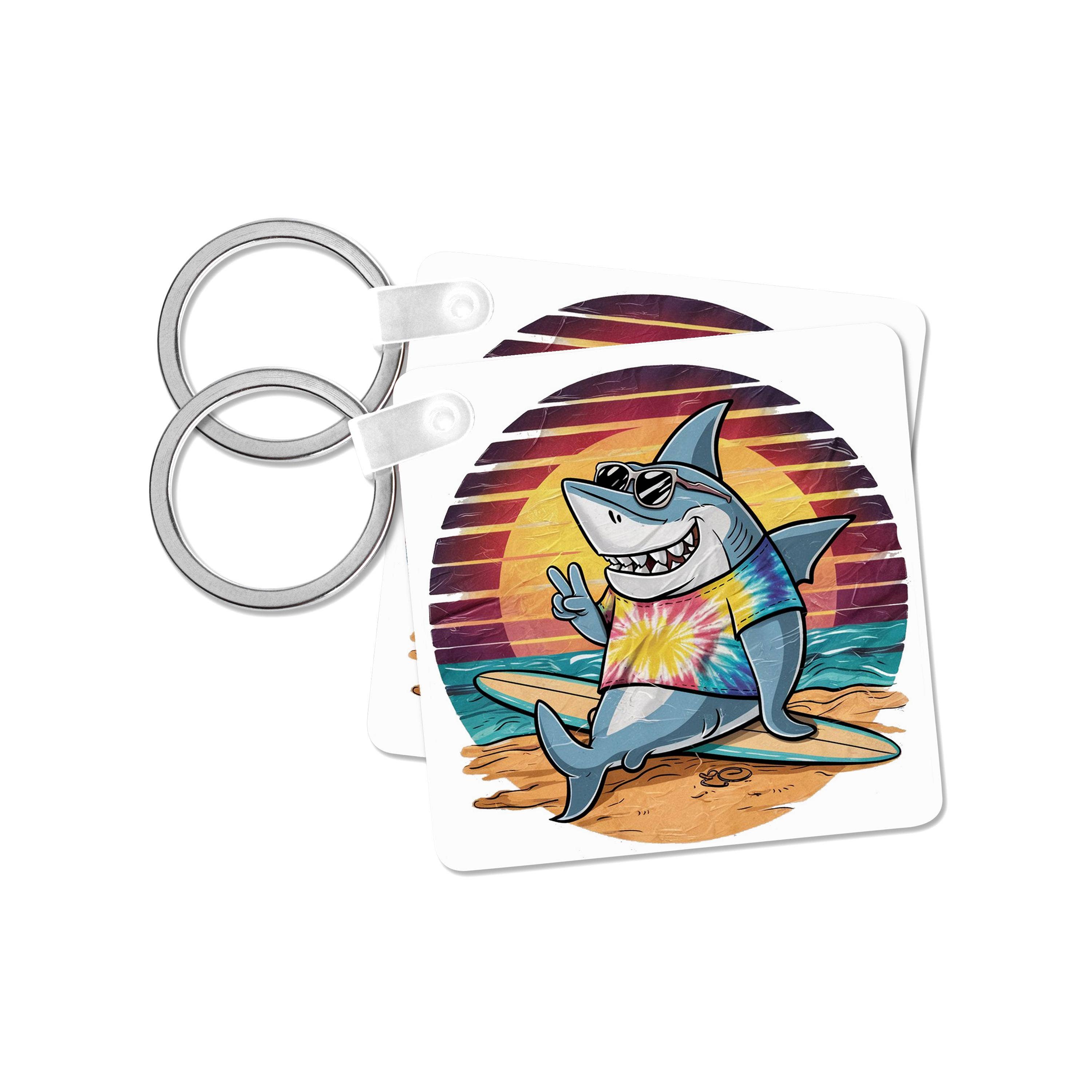 3dRose - Wholesale Keychain - Unisex - 3dRose, Cute Colorful Funny Hippy Shark on Surfboard Beach Peace, Key Chain0