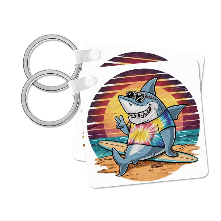 3dRose - Wholesale Keychain - Unisex - 3dRose, Cute Colorful Funny Hippy Shark on Surfboard Beach Peace, Key Chain0