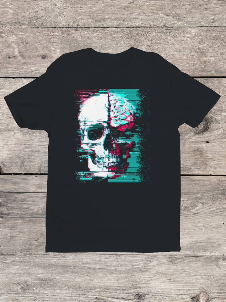 Digital Glitch Skull and Brain Art Men's T-shirt for wholesale by Swift Retail