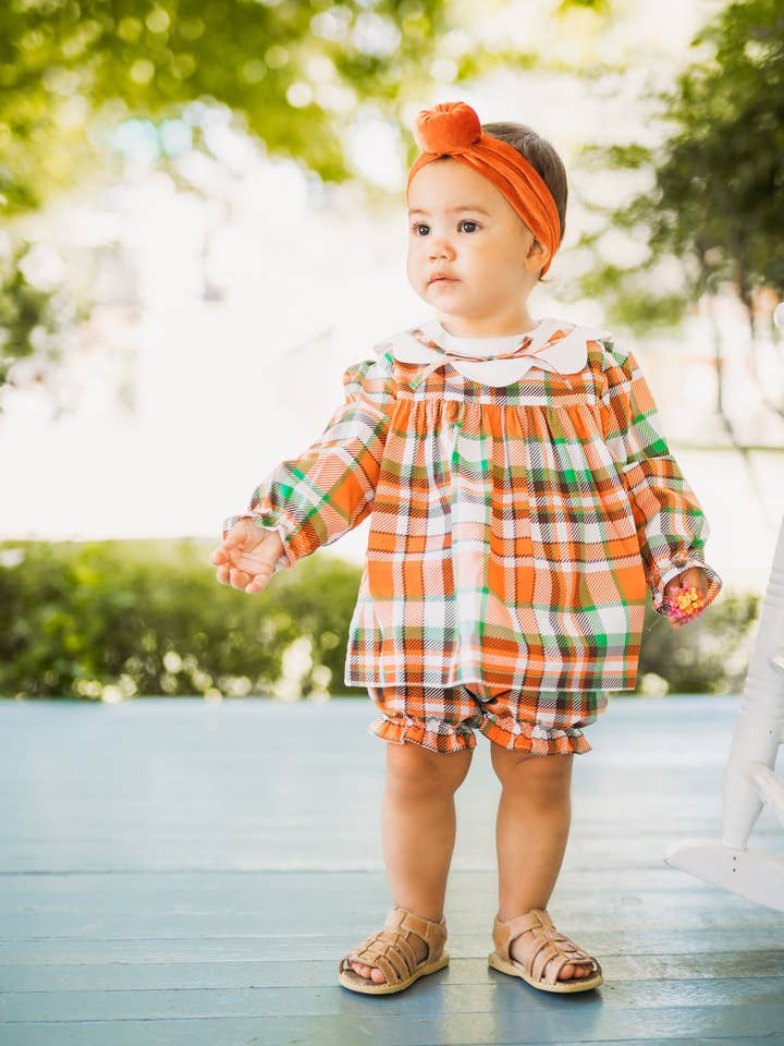 Posh Pickle - Wholesale Dress Set - Baby - Autumn Plaid Scalloped Bishop Collar Dress & Bloomer Set