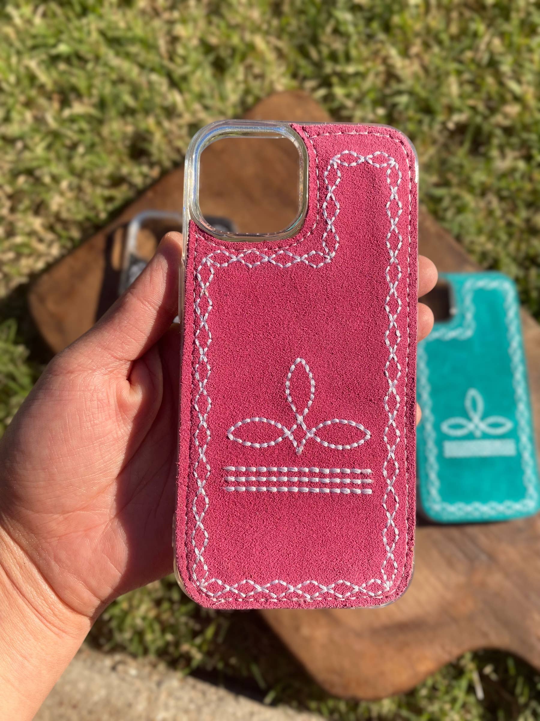 Western Linens - Wholesale Phone Case - Women's - Pink Boot-Stitch Suede Leather Phone Case 1
