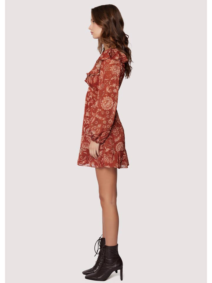 Florencia Mini Dress - Rust Fall V-Neck Long Slv Ruffle for wholesale on Faire