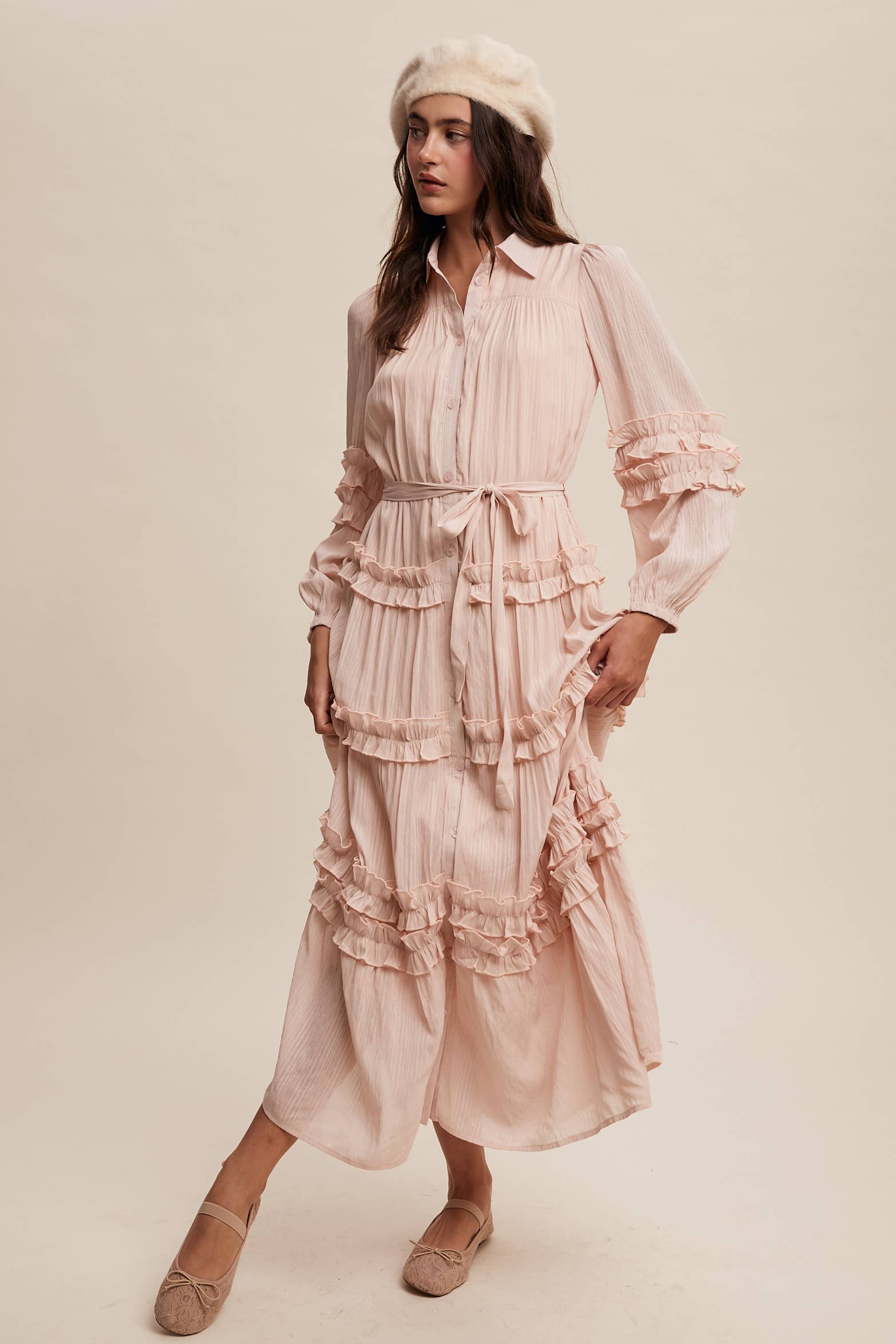 Listicle - Wholesale Dress - Women's - Ruffled Belted Maxi Shirt Dress LD149622