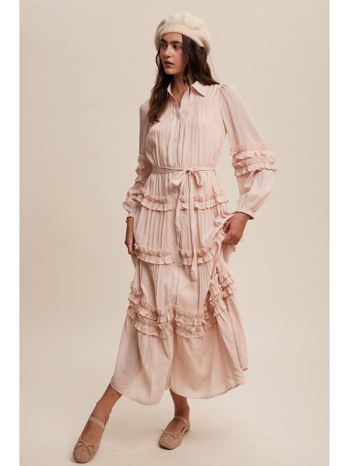 Listicle - Wholesale Dress - Women's - Ruffled Belted Maxi Shirt Dress LD149622