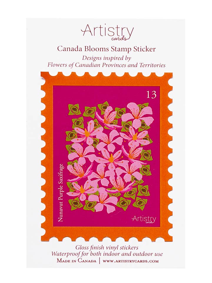 Autocollant de timbre de saxifrage pourpre – Nunavut Canada pour la vente par Artistry Cards