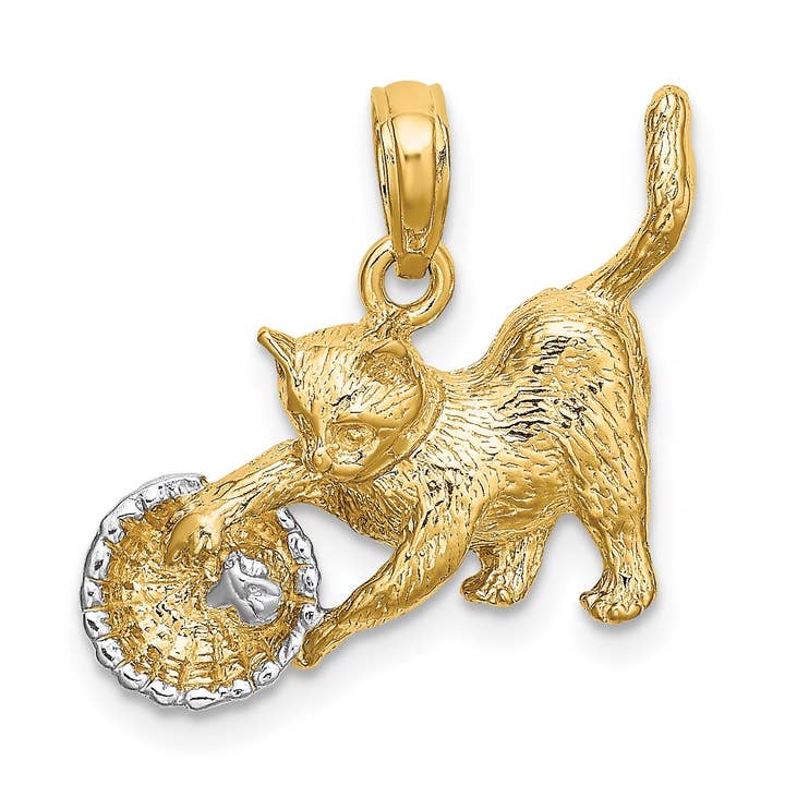 10K w/Rhodium Cat Playing W/Yarn In Basket Charm for wholesale by Sophia Jewelers