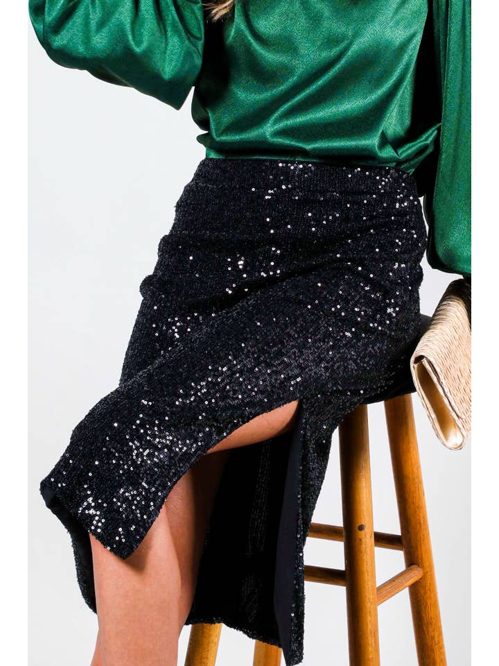 Vine & Love - Wholesale Skirt โ Womenโs - High-Waist Sequin Midi Skirt With Side Slit VS601022
