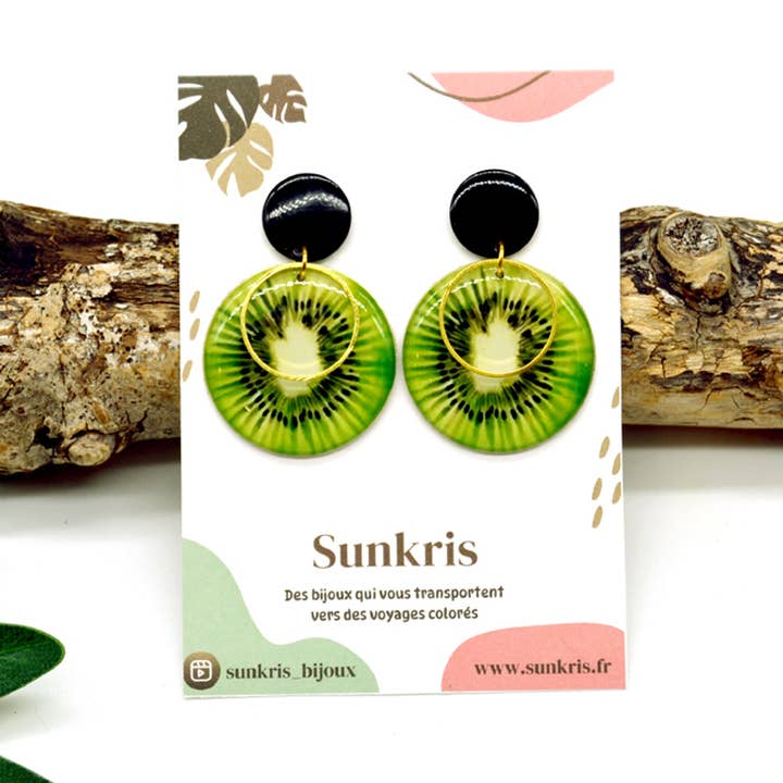 SUNKRIS - Wholesale Dangle Earrings - Realistic resin tropical kiwi earrings
3