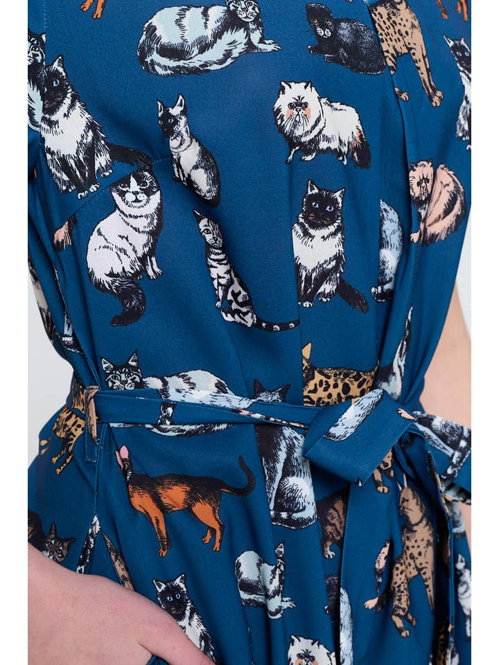 SM WARDROBE - Wholesale Dress - Women's - ALL OVER CAT PRINT BLUE DRESS WITH POCKET