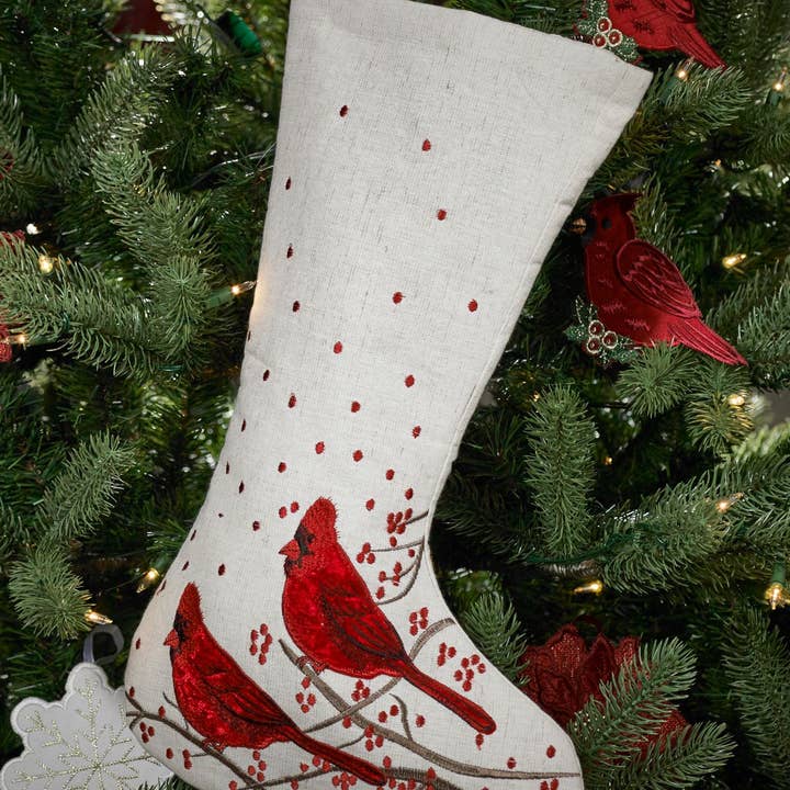 Calcetín navideño de cardenales de terciopelo rojo para venta al por mayor de Mera Linens