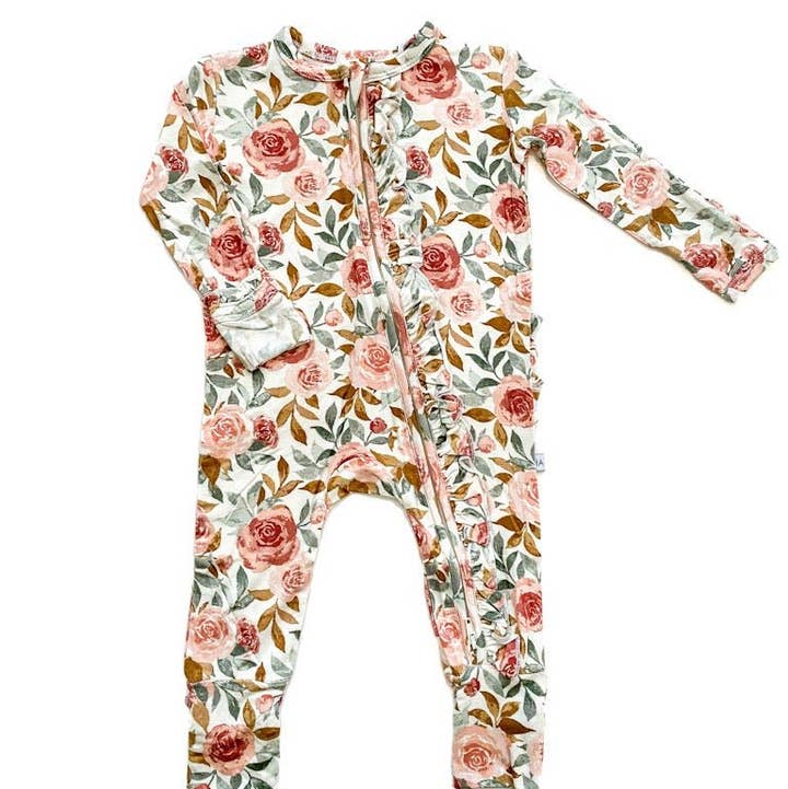 Ruffle Zipper One Piece - Dusty Pink Floral for wholesale by Harp Angel Boutique