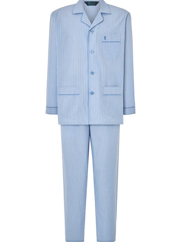 Striped Poplin Lapel Long Men's Pajamas - Blue 1533 for wholesale by El Búho Nocturno
