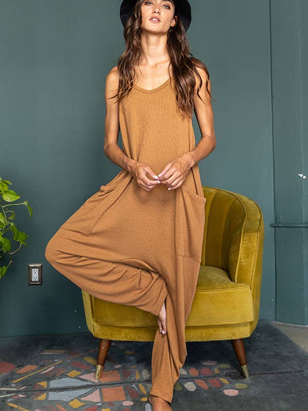 R5288A Drop Crotch V-neck Solid Ribbed Knit Jumpsuit for wholesale by BUCKETLIST INC