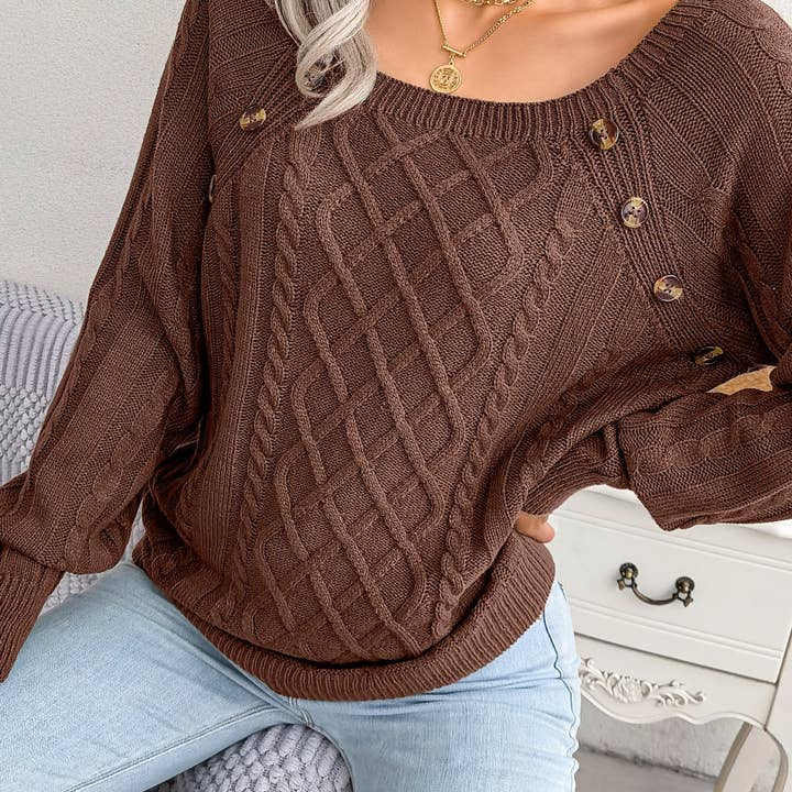 Suhkasana - Wholesale Knitted jumper – Women′s - Fall Winter Casual Square Neck Button Detail Cable Knit Swea50