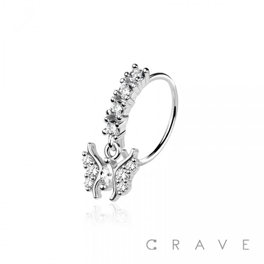 CRAVE - Wholesale Nose Ring - CZ BUTTERFLY PRONG DANGLE ROUND CZ GEM O-RING NOSE HOOP1