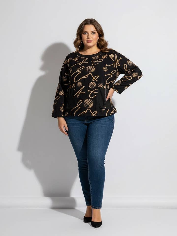 Plus size black print top (C6137) for wholesale by Pomme Rouge Paris