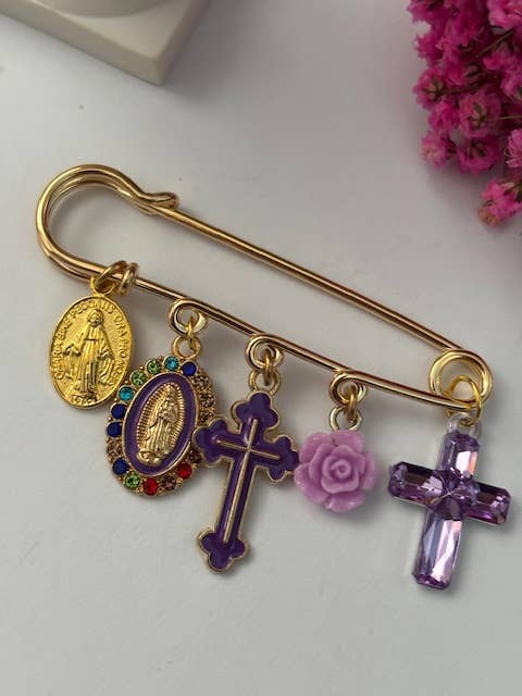 Ex-voto brooch, religious medal cross brooch, cross gift for mom, cross gift for woman, purple cross charm for wholesale by Miss DJ Angel