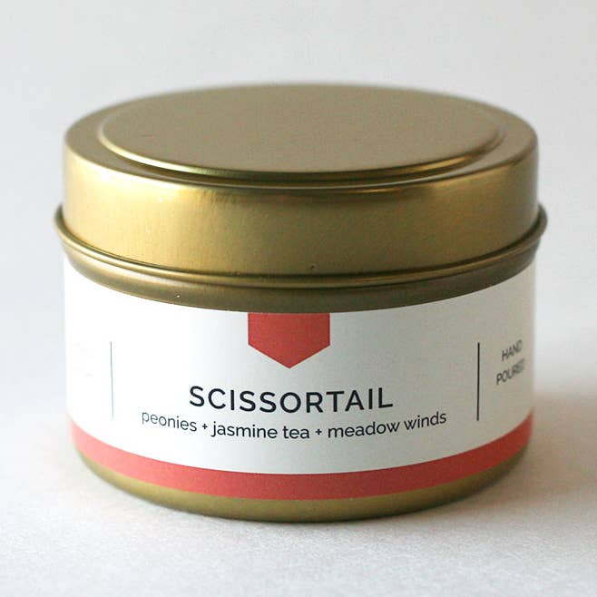 SCISSORTAIL Gold Travel Tin Soy Candle – Peonies + Jasmine, Hand-Poured (4 oz) for wholesale by Vacant Wheel