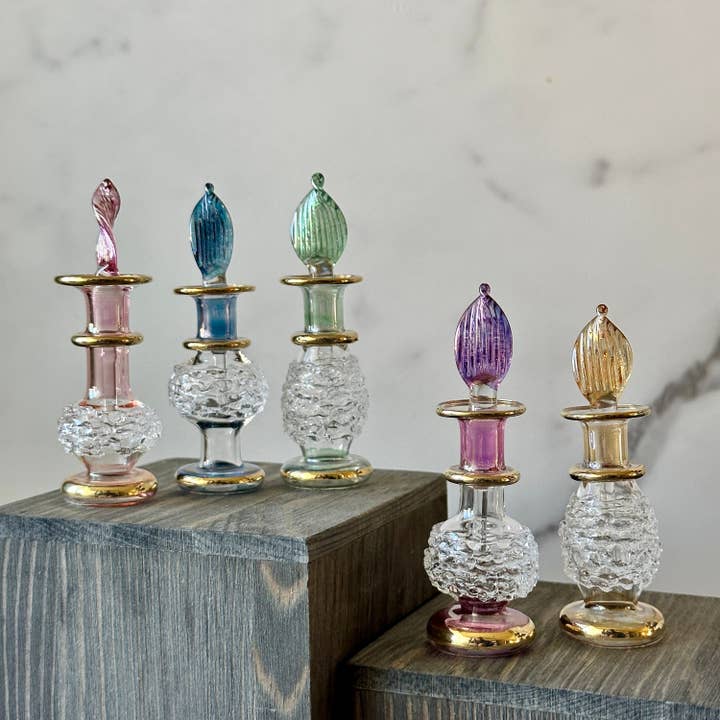 Arabazaar Gallery LLC - Wholesale Perfume/eau de toilette - Miniature 5ML Assortment Gold Design Egyptian Handblown Glass Perfume Bottles, Set of Five Variety.5