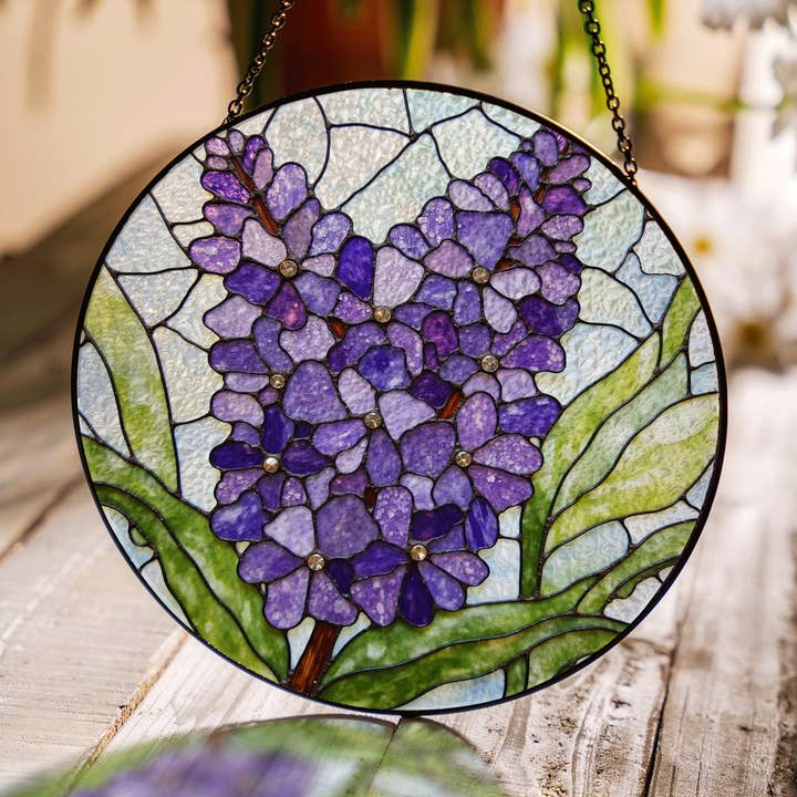 Purple Lilac Flower Stained Glass Suncatcher, Window Decor for wholesale by TMLECOM LTD