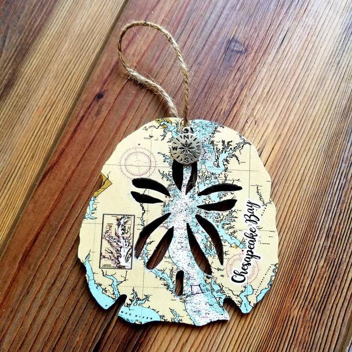Chesapeake Bay, VA Wood Sand Dollar Ornament for wholesale by Map Mom