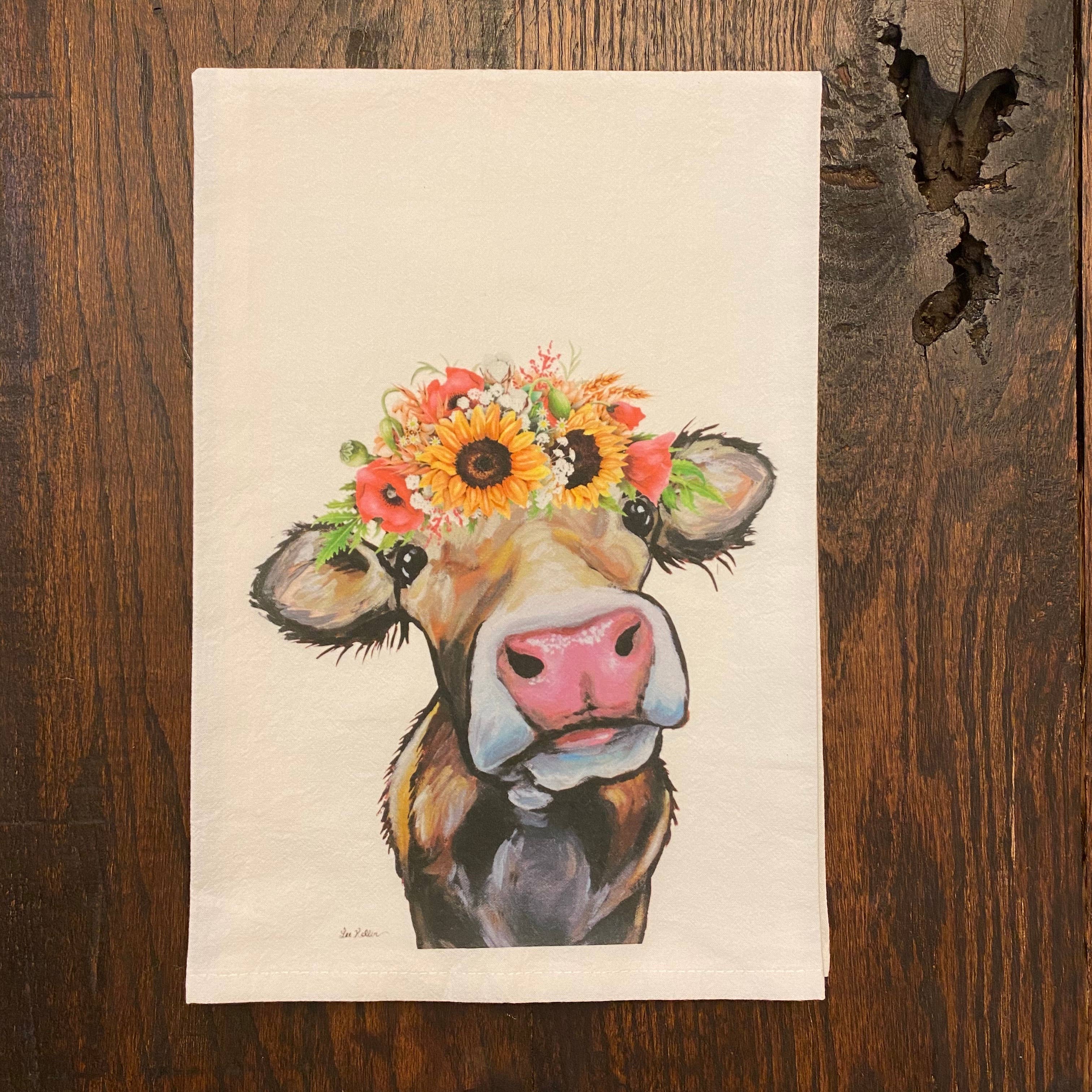 Hippie Hound Studios – Großhandel Geschirrtücher – Kuh-Geschirrtuch mit Sonnenblumenmotiv, Herbst-Bauernhausdekor3