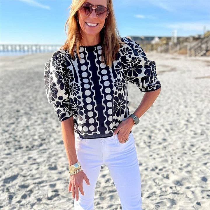 Round Neck Short Sleeve Printed T-Shirt for wholesale by Plush Looks