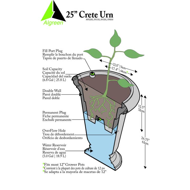 Algreen - Vente Pot - Urne d'irrigation autonome de 25" Crète avec port de remplissage supérieur2