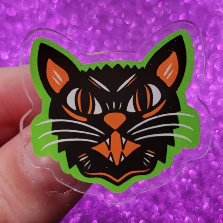 Black Cat Halloween Spooky Goth Acrylic Pin for wholesale by Printy Vibes