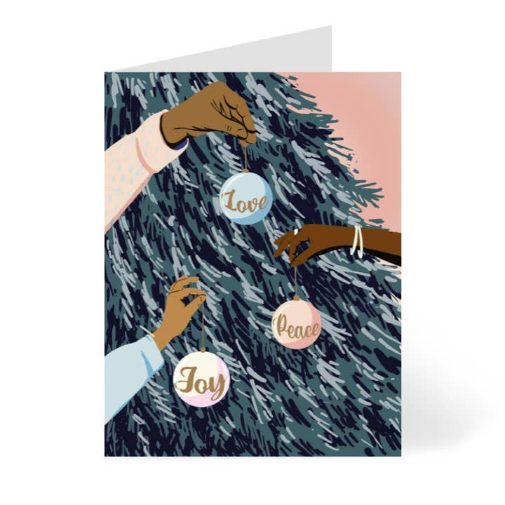 Arbre de Noël Love Peace Joy Tree | Cartes de Noël d'artiste noires | Noir pour la vente par CheerNotes Greeting Cards & Stationery