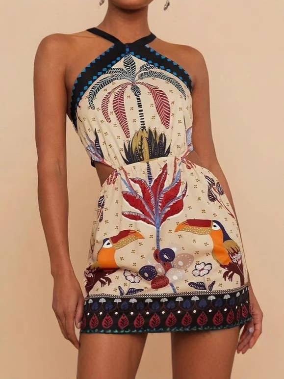 Decor Halterneck Palm Tree Print Boho Cutout Mini Dress for wholesale on Faire