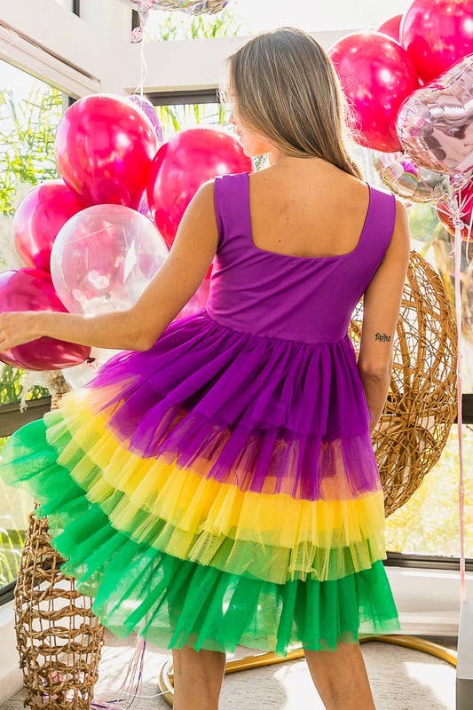 PAARS/MOSTERD/GROEN Mardi Gras gelaagde jurk met kleurblokken en mesh-lagen voor groothandel op Faire2